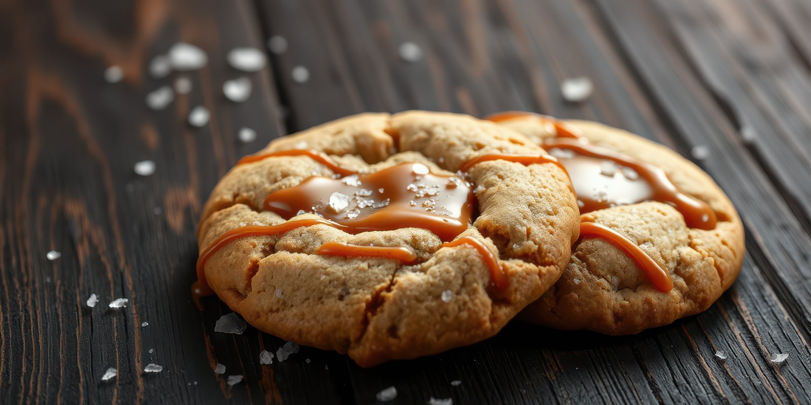 Warm cookies with caramel and sea salt on a rustic wooden table in a cozy kitchen setting